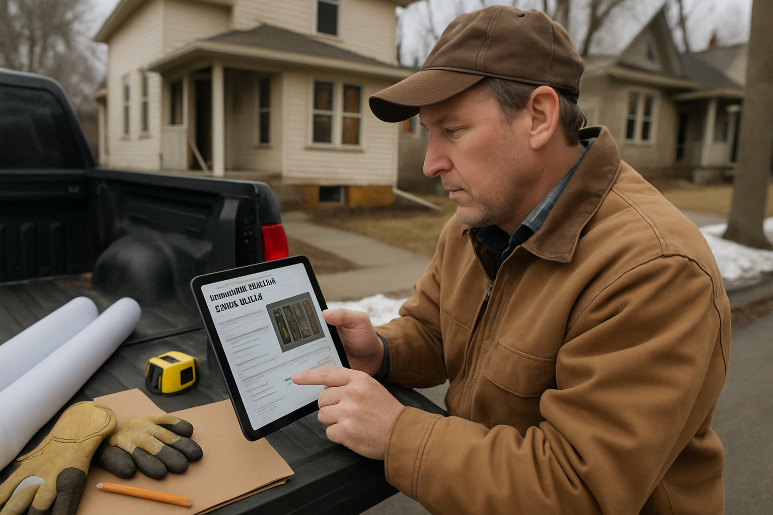 Minnesota contractor reviewing an estimate on a tablet beside blueprints and job photos