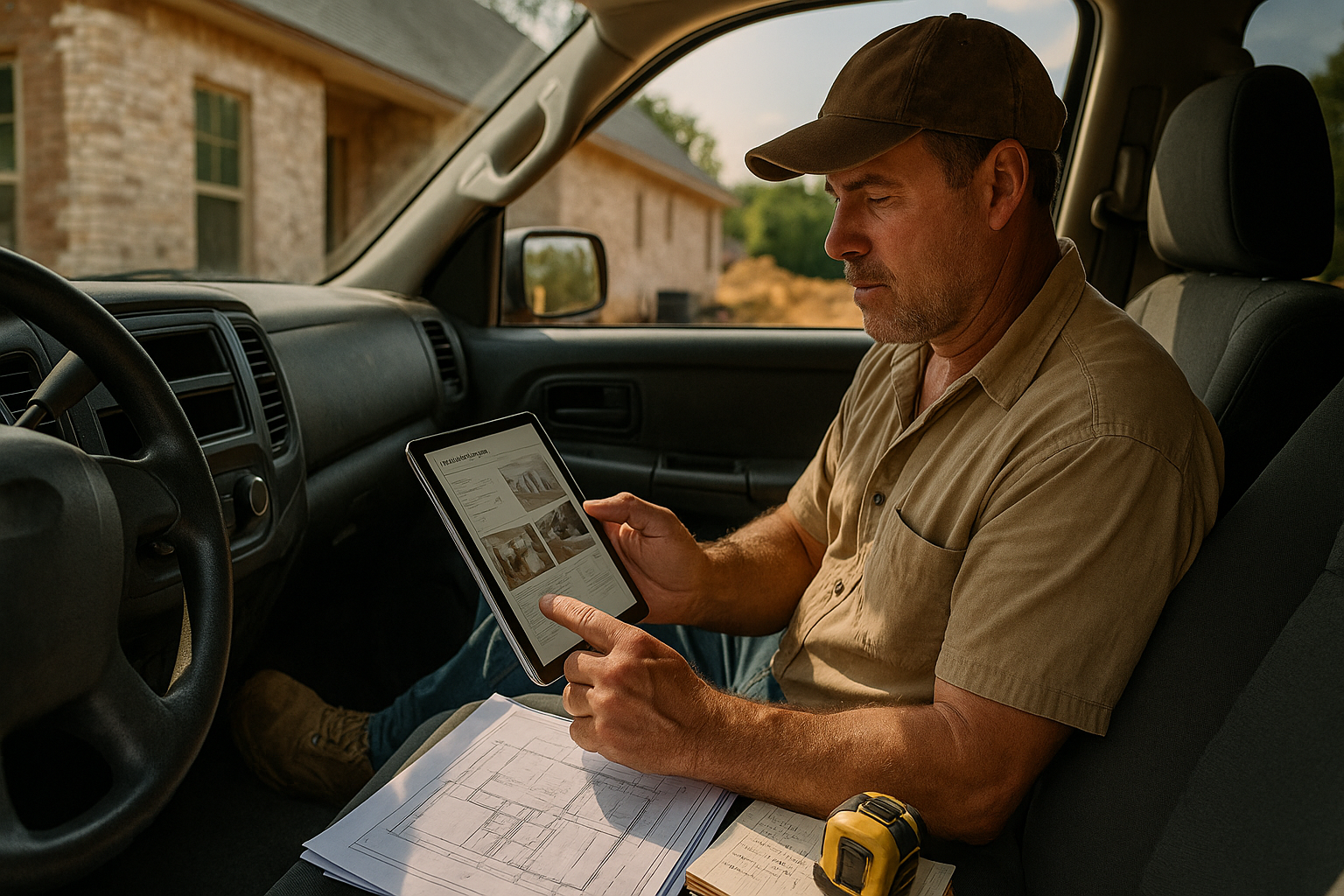 Mississippi contractor reviewing an estimate on a tablet with plans and job notes in a truck