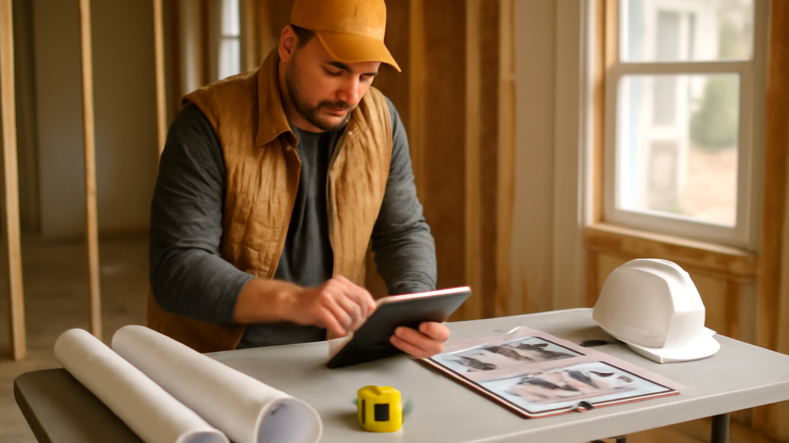 Missouri contractor reviewing a digital estimate beside job photos and blueprints on a remodel jobsite