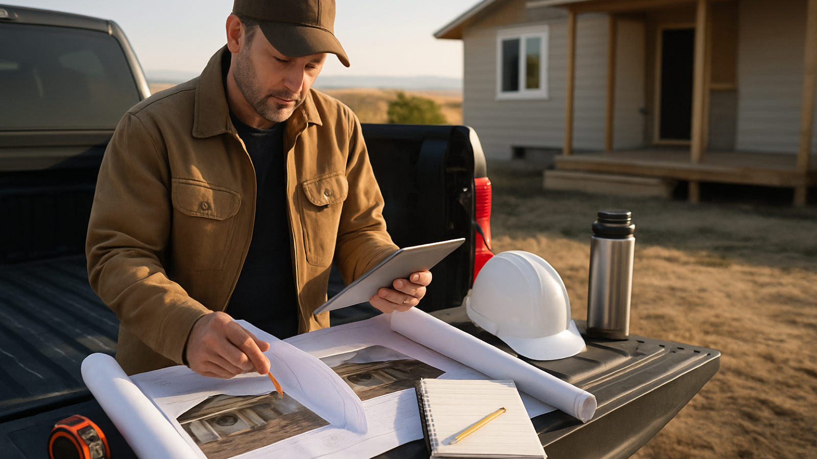 Montana contractor reviewing blueprints and job photos for an estimate near a Billings remodel site