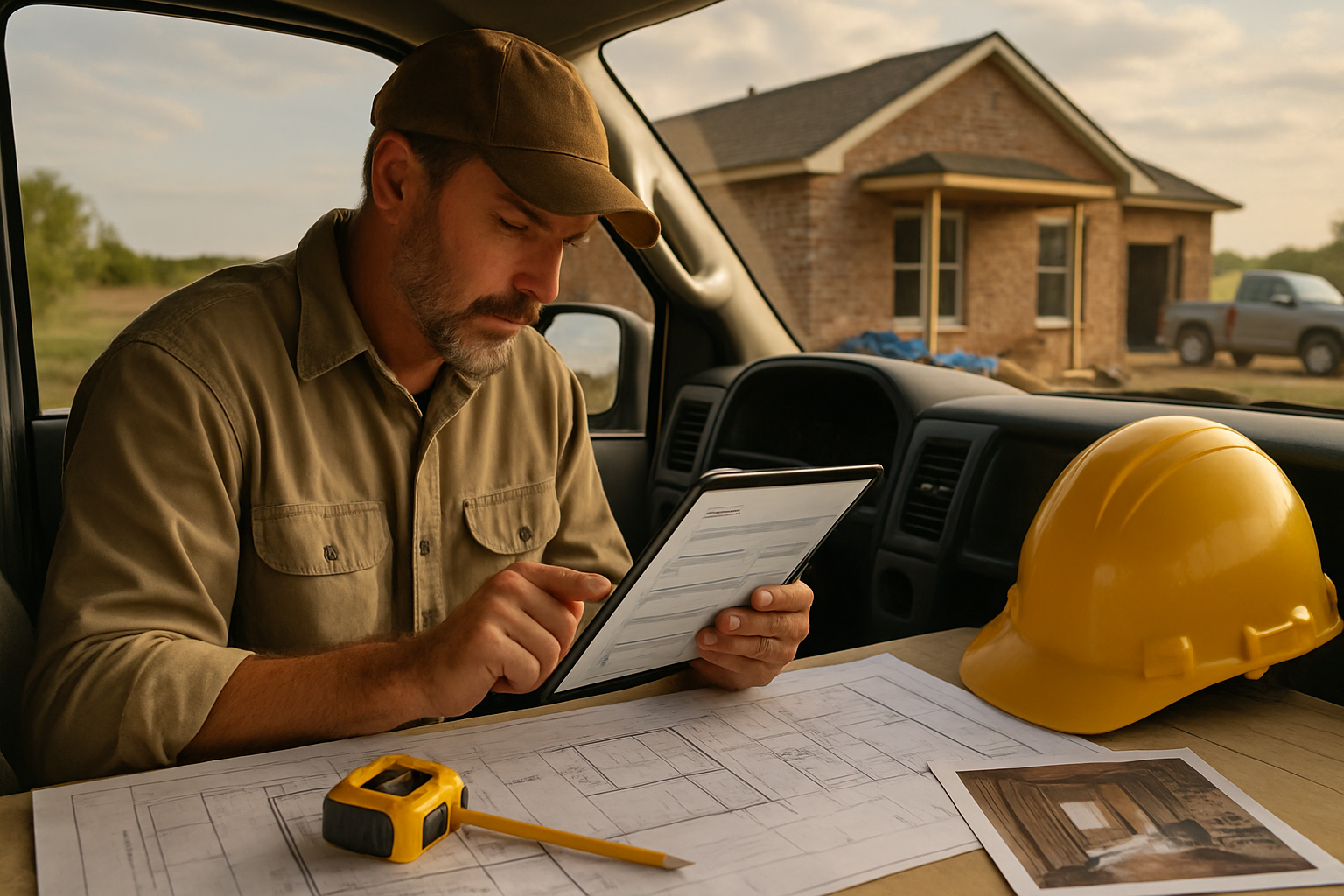 Nebraska contractor reviewing an estimate on a tablet with blueprints and job photos at an Omaha remodel site