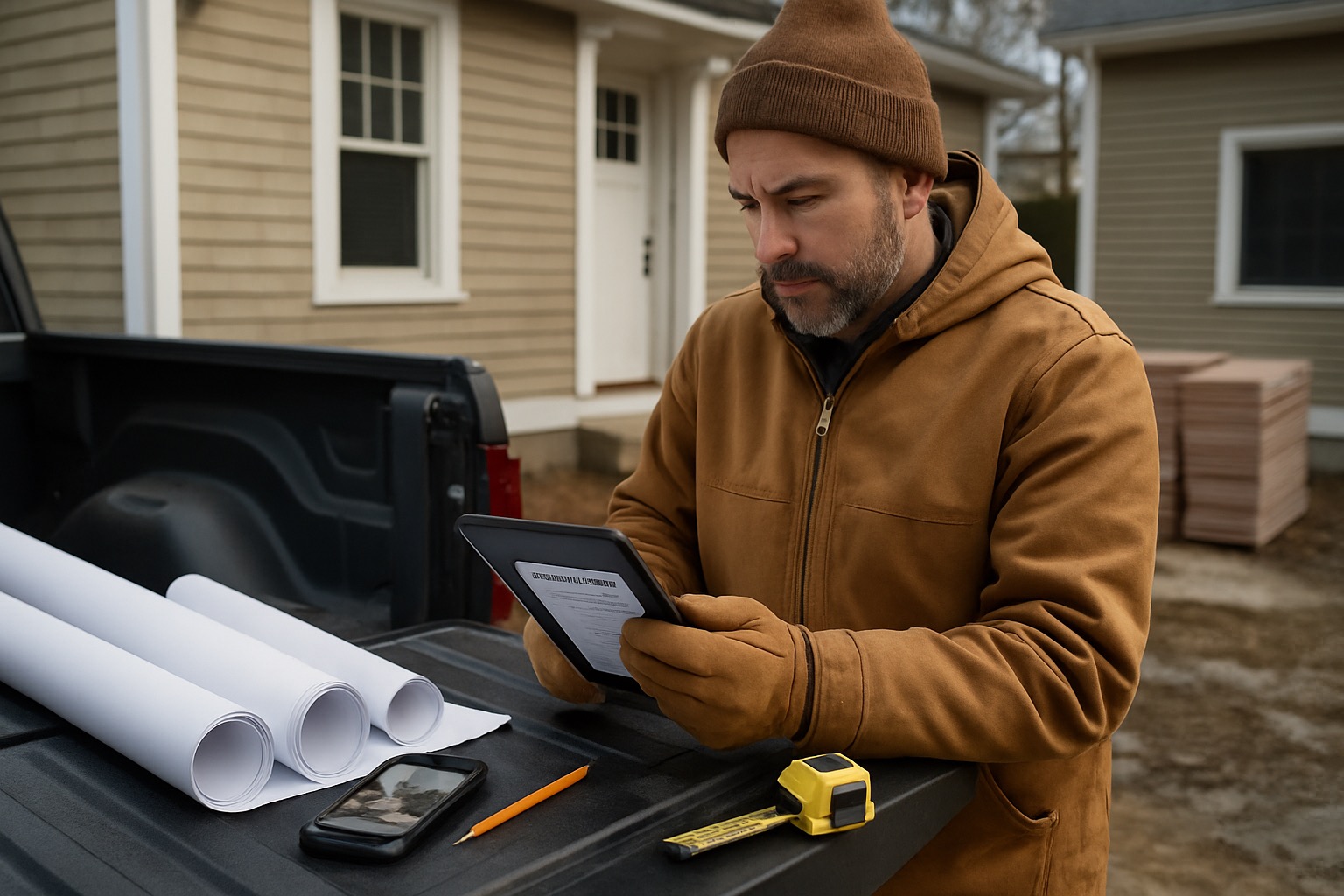 New Hampshire contractor reviewing an estimate on a tablet with blueprints and job photos at a residential jobsite