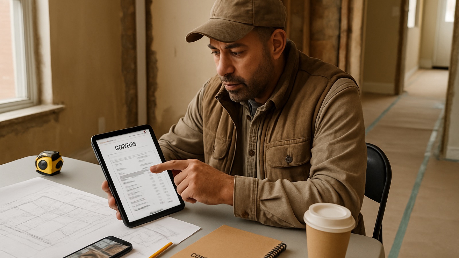 New Jersey contractor reviewing a digital estimate with blueprints and job photos inside a Newark renovation project