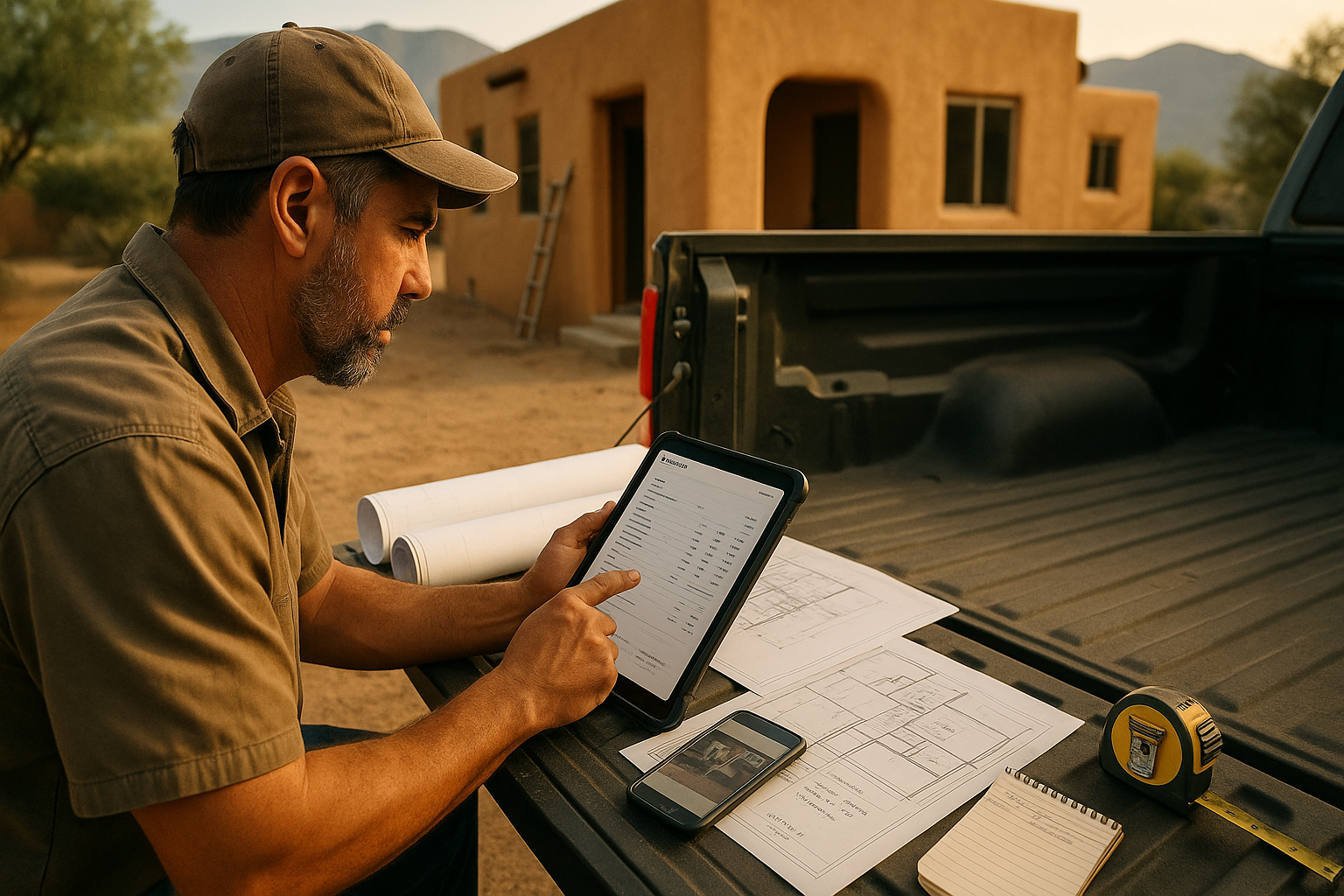 New Mexico contractor reviewing a digital estimate with plans and job photos at an Albuquerque remodel site