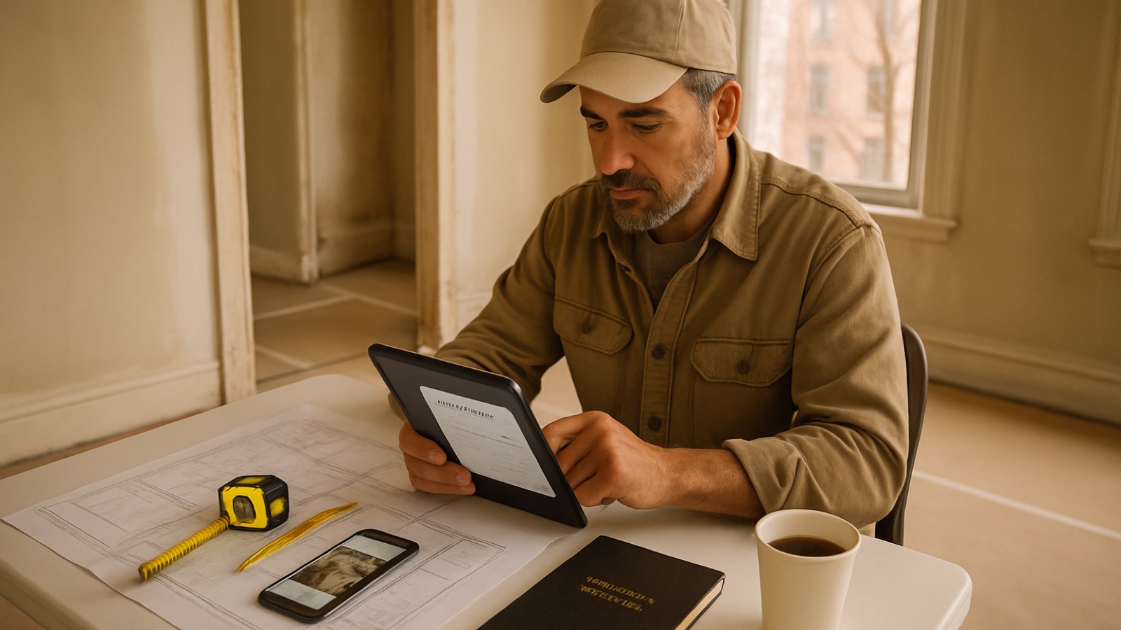 New York contractor reviewing a digital estimate with blueprints and job photos inside a New York City renovation project
