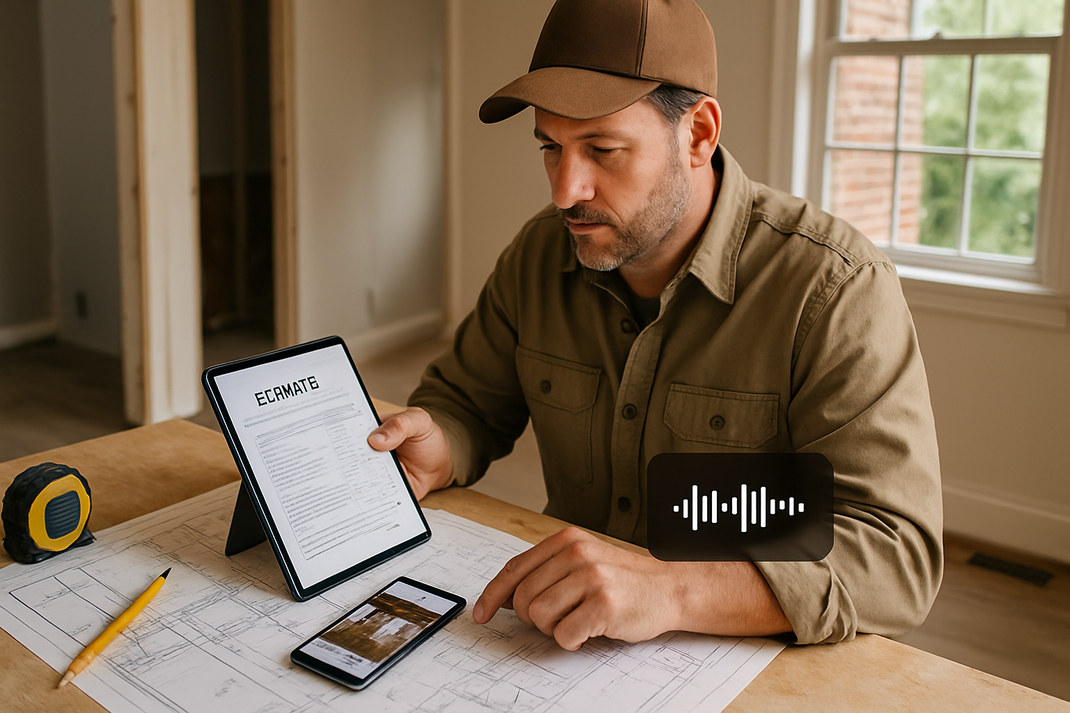 North Carolina contractor reviewing an estimate on a tablet beside blueprints and job photos
