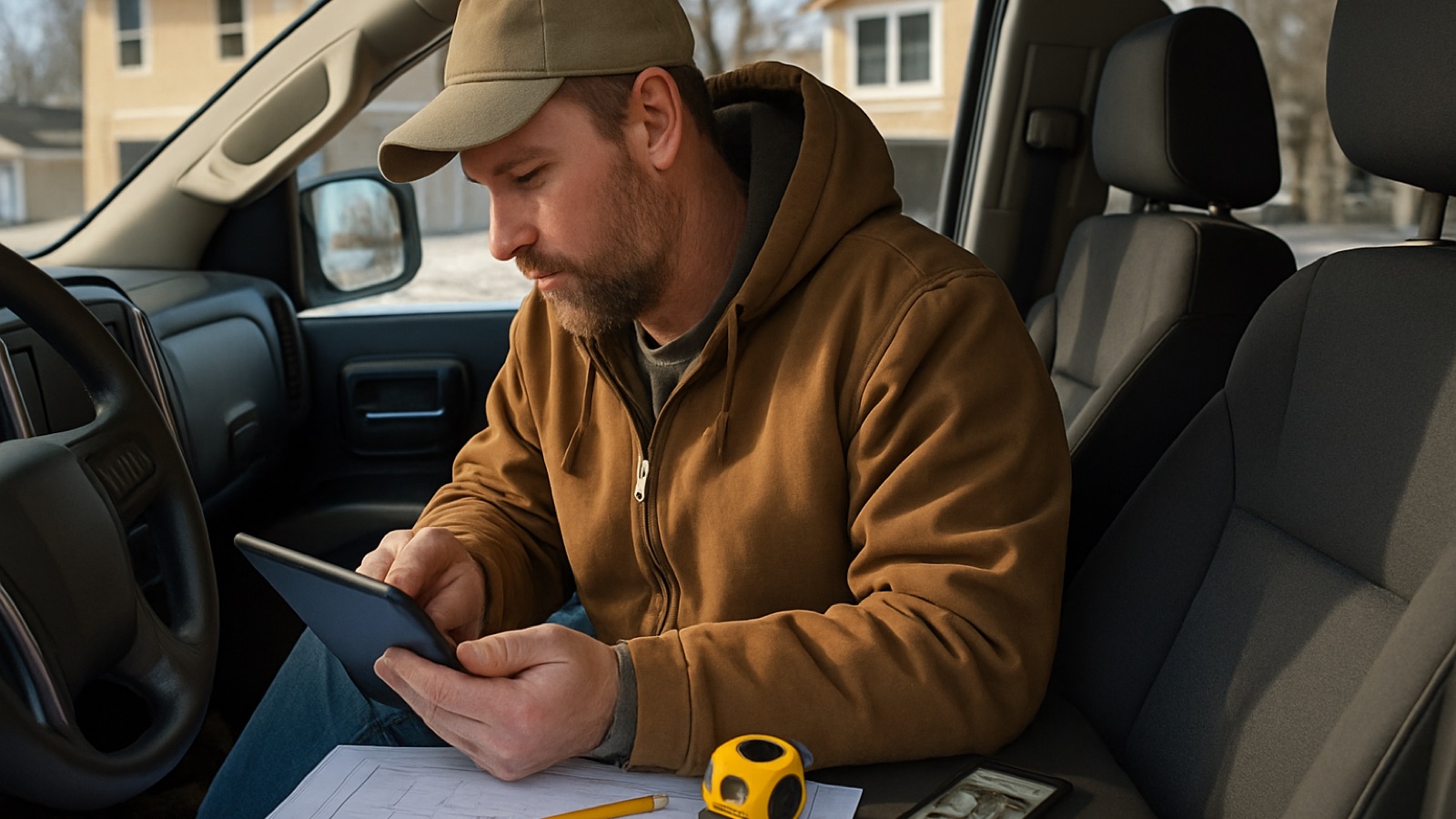 North Dakota contractor reviewing an estimate on a tablet beside blueprints and job photos in a pickup truck