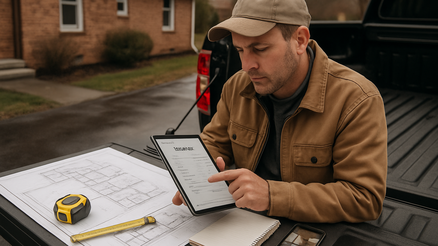 Ohio contractor reviewing an estimate on a tablet with blueprints, phone photos, and jobsite notes nearby