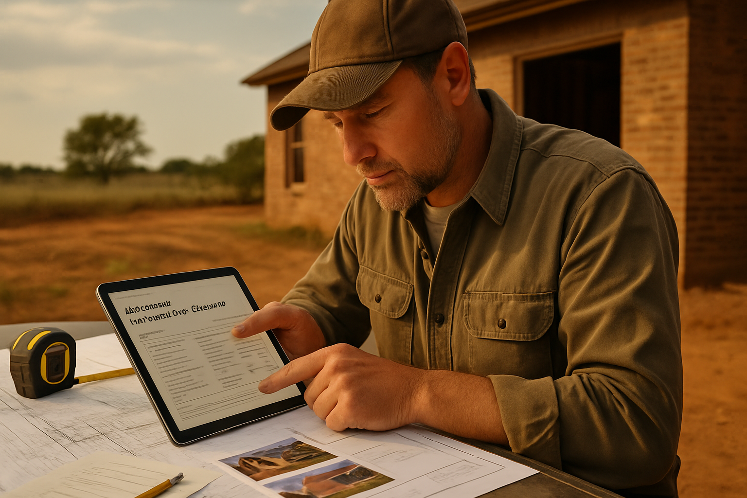 Oklahoma contractor reviewing a digital estimate with blueprints and job photos at a jobsite table