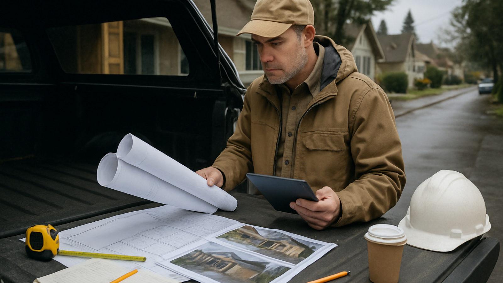 Oregon contractor reviewing blueprints and job photos for an estimate at a Portland remodel site