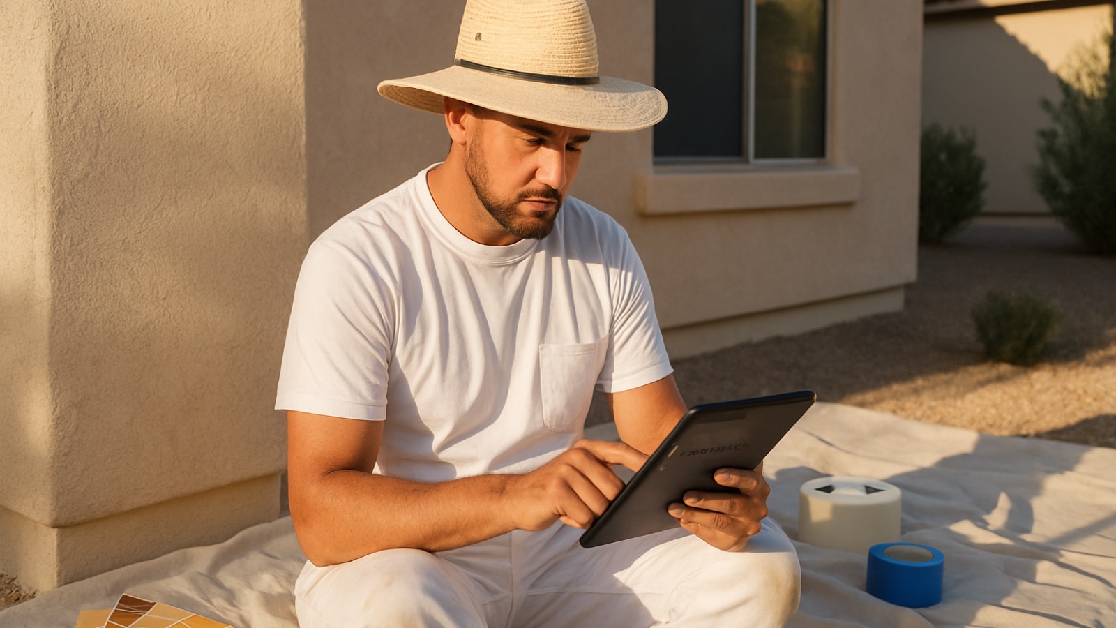 Arizona painting contractor reviewing an estimate on a tablet beside a stucco exterior wall