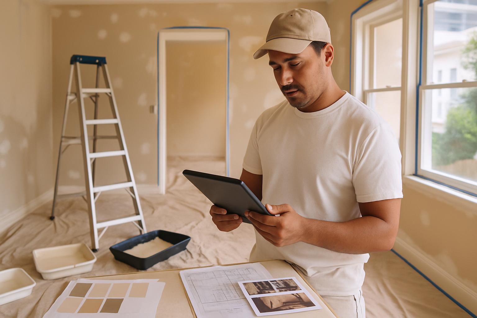 Los Angeles painting contractor reviewing job photos and plans for a California paint estimate
