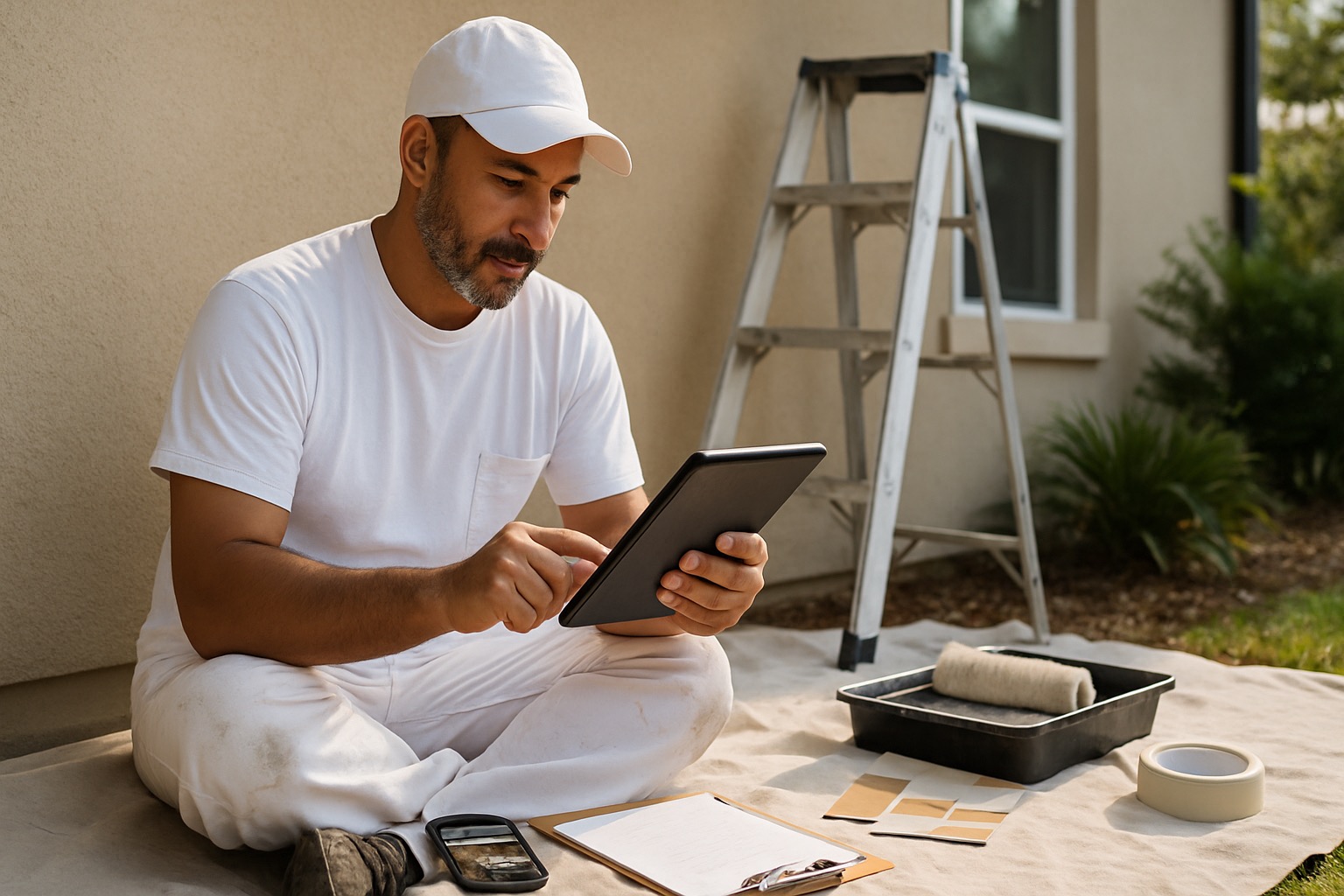 Florida painting contractor reviewing an estimate on a tablet beside paint supplies at a Jacksonville residential jobsite