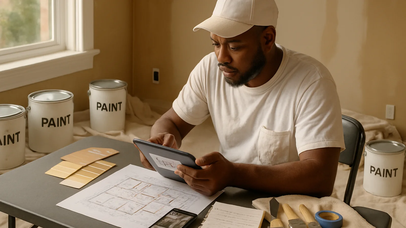 Georgia painting contractor reviewing job photos, plans, and an estimate on a tablet