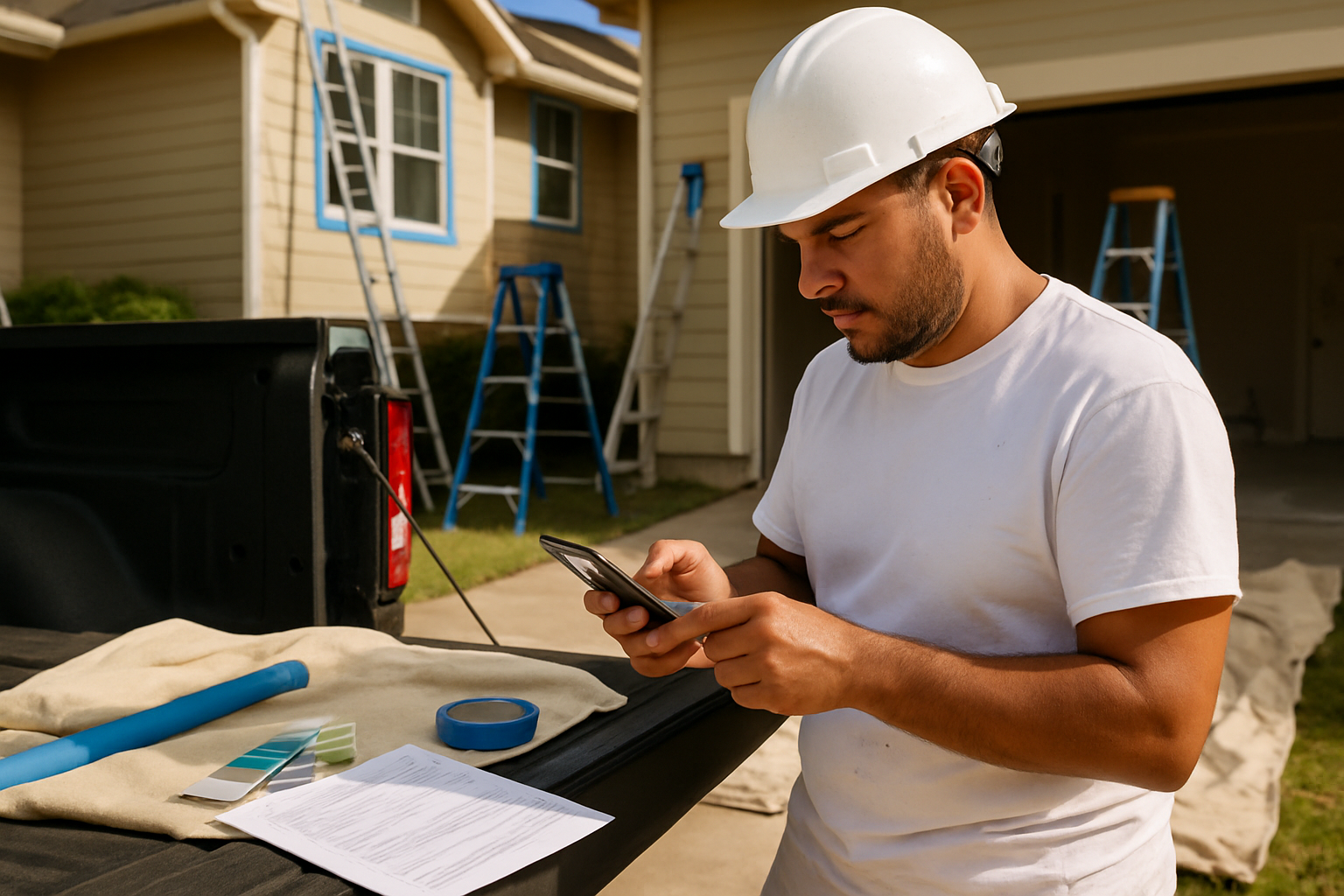 Painting contractor in Houston reviewing job photos and an estimate beside paint supplies
