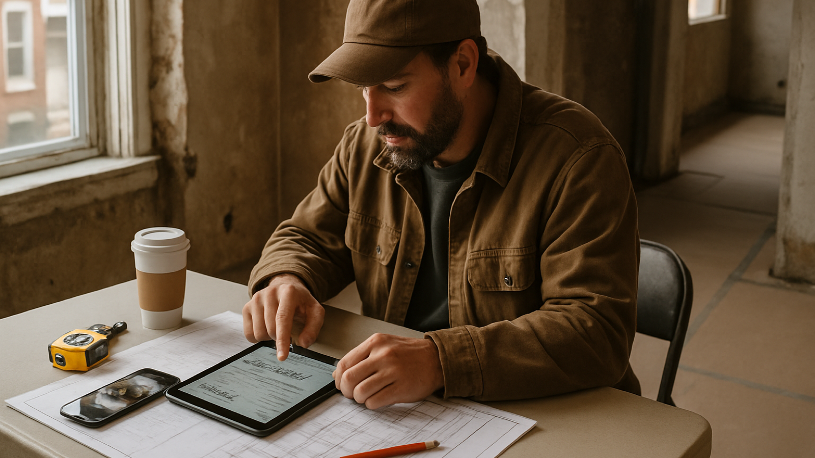 Pennsylvania contractor reviewing a digital estimate beside blueprints and job photos in a Philadelphia rowhome renovation setting