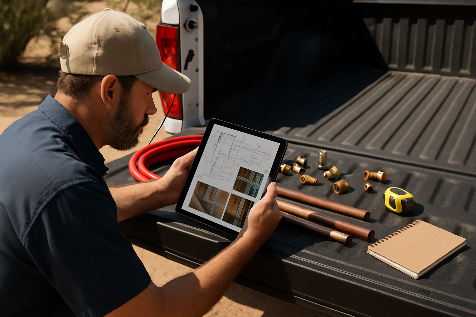 Arizona plumbing contractor reviewing a Phoenix plumbing estimate on a tablet with plans, photos, and pipe fittings nearby.