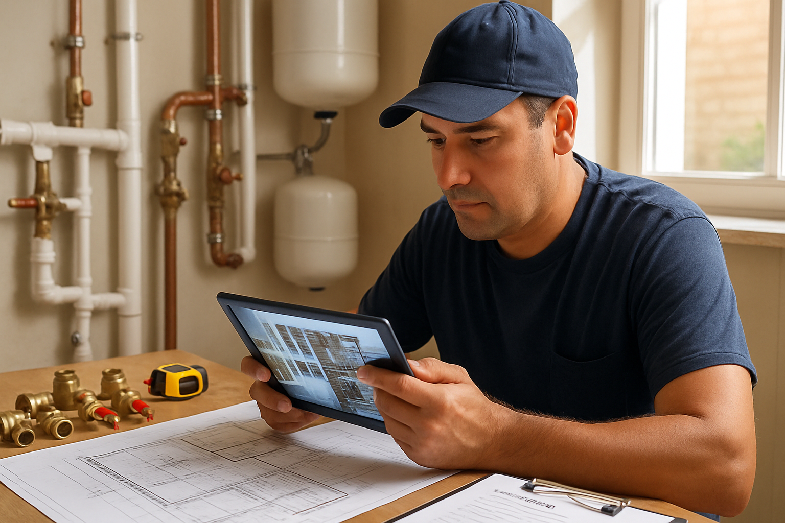 Florida plumbing contractor reviewing plans and job photos while preparing an estimate