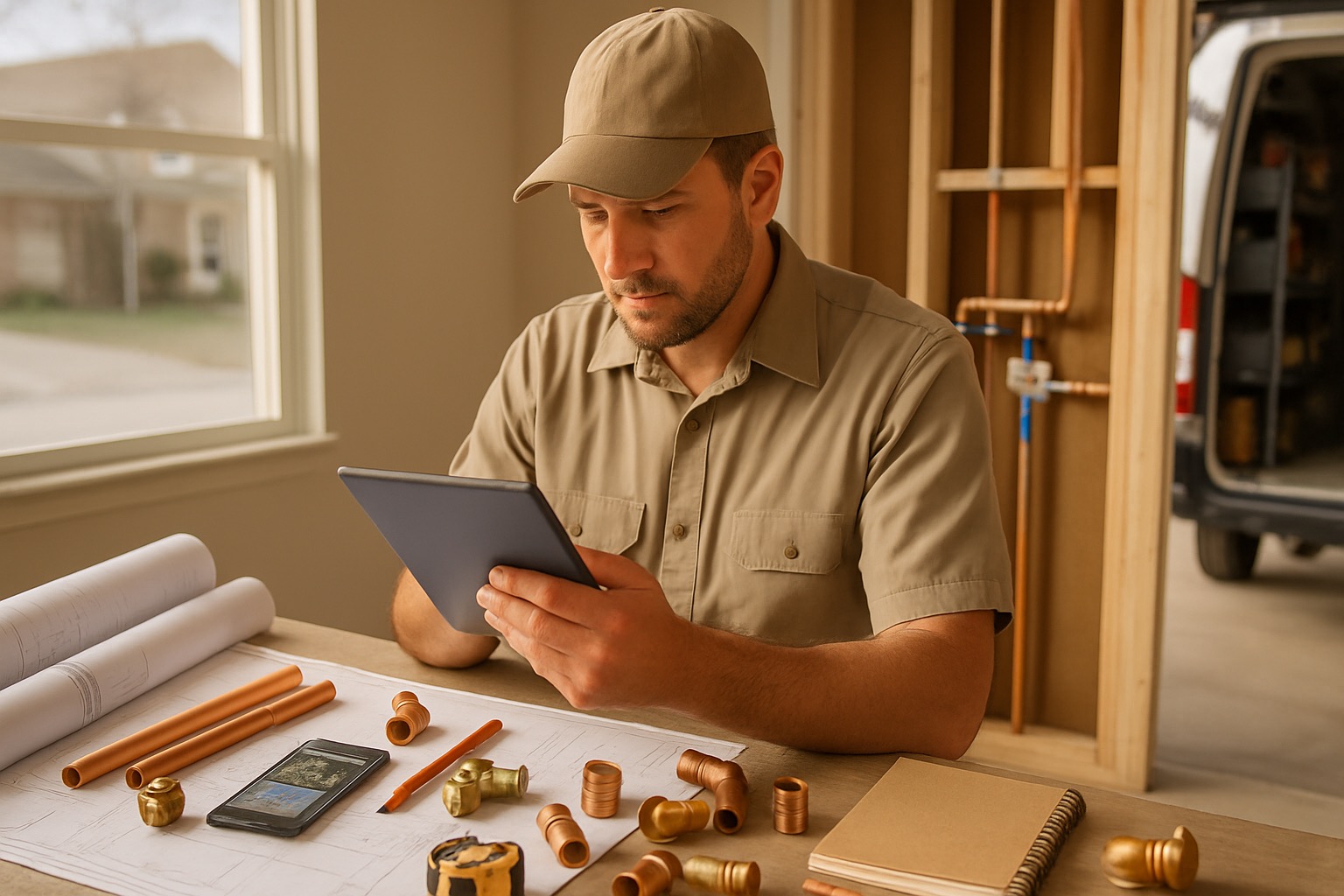 Texas plumbing contractor reviewing an estimate on a tablet with plans, job photos, pipe fittings, valves, and plumbing rough-in materials at a Houston jobsite