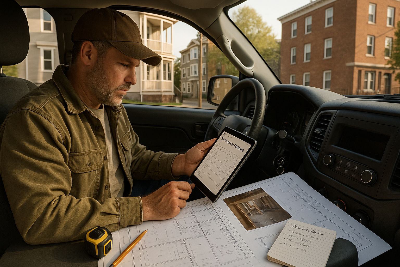 Rhode Island contractor reviewing an estimate on a tablet with plans and job photos in a work truck
