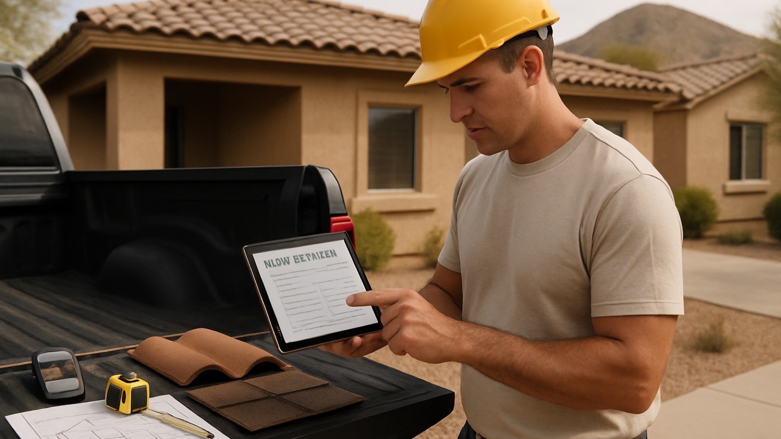 Arizona roofing contractor reviewing an estimate on a tablet beside roof photos, plans, material samples, and repair notes at a Phoenix jobsite