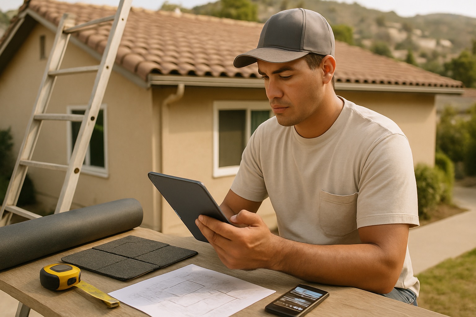 California roofing contractor reviewing an estimate on a tablet with roof plans and material samples at a Los Angeles jobsite