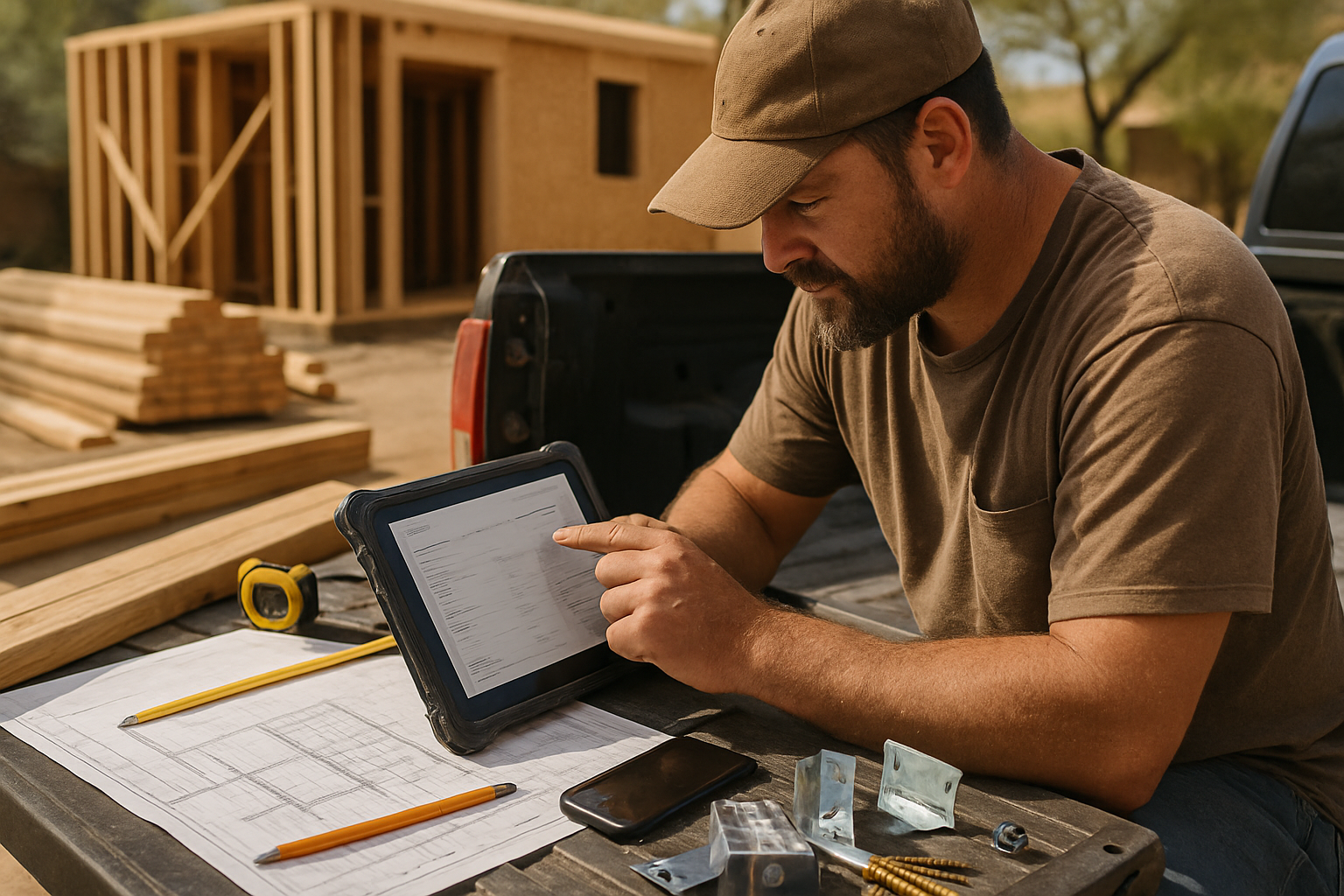Rough carpentry contractor reviewing plans and an estimate beside lumber and hardware in Phoenix.