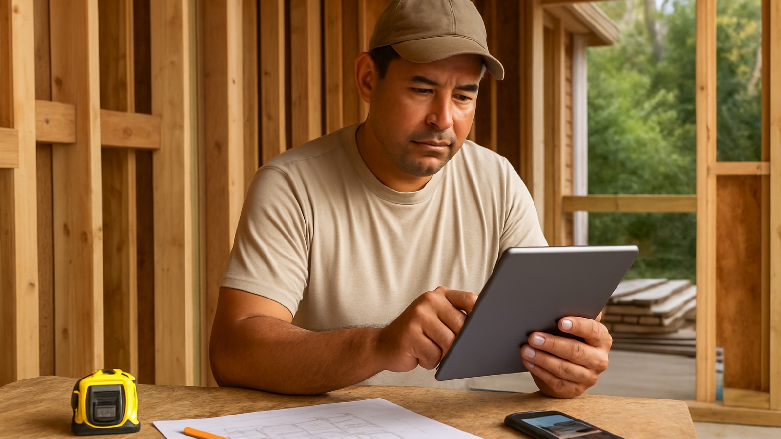 Florida rough carpentry contractor reviewing an estimate on a tablet beside framing, blocking, lumber, and plans at a Jacksonville jobsite
