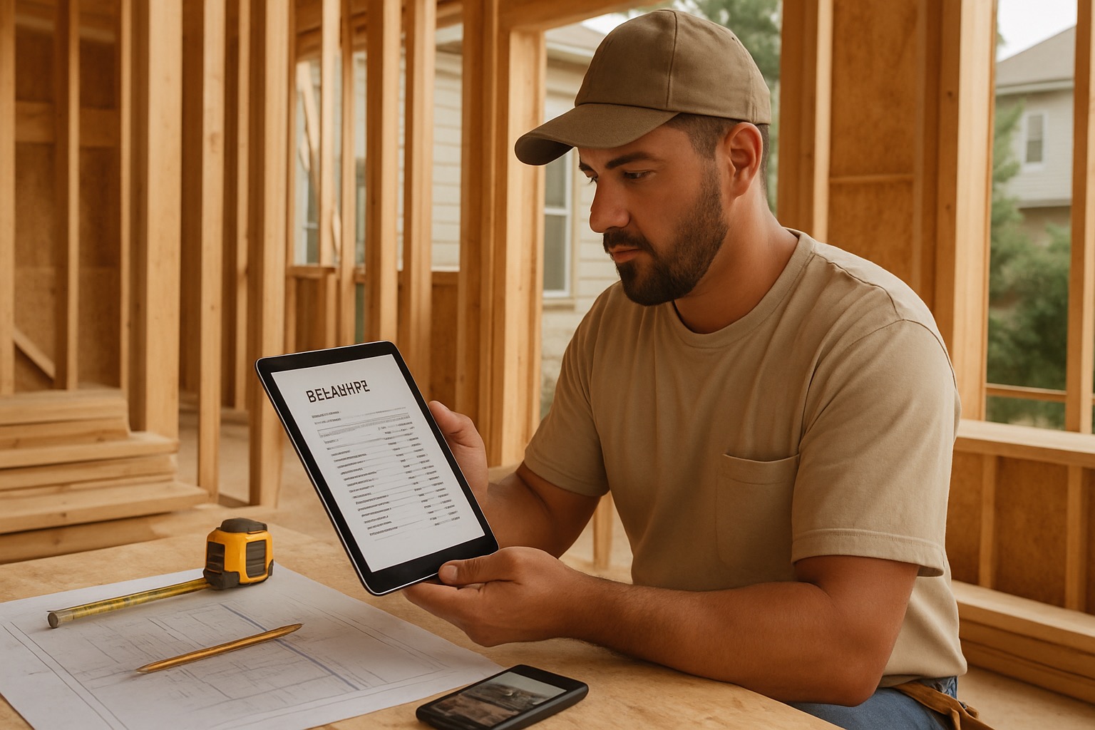 Texas rough carpentry contractor reviewing an estimate on a tablet beside wall studs, blocking, lumber, sheathing, plans, and job photos at a Houston jobsite