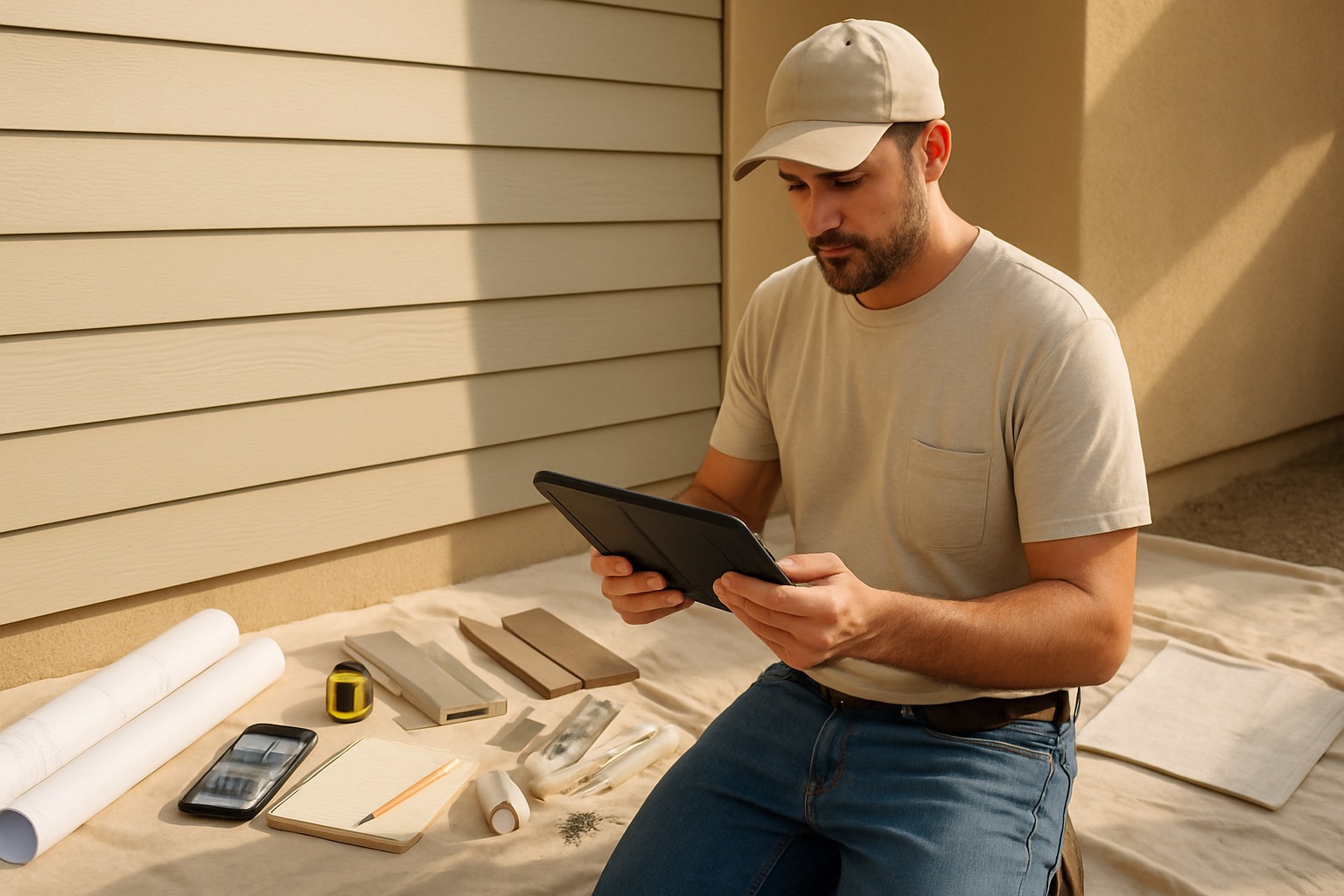 Arizona siding contractor reviewing an estimate on a tablet with wall photos, plans, trim samples, flashing tape, and siding materials at a Phoenix jobsite