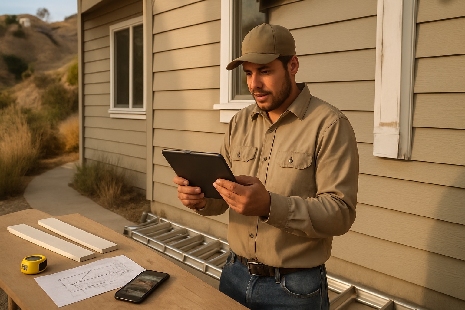 California siding contractor reviewing an estimate on a tablet beside siding boards and trim samples at a Los Angeles home