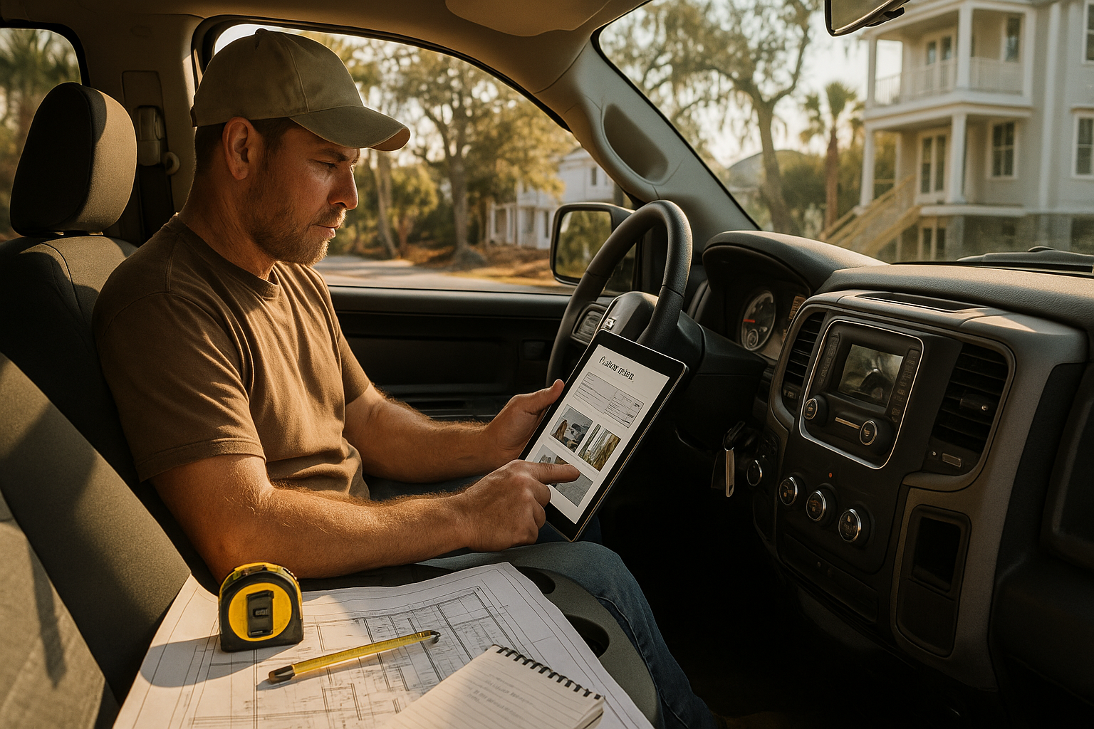 South Carolina contractor reviewing an estimate on a tablet with plans and job notes in a truck
