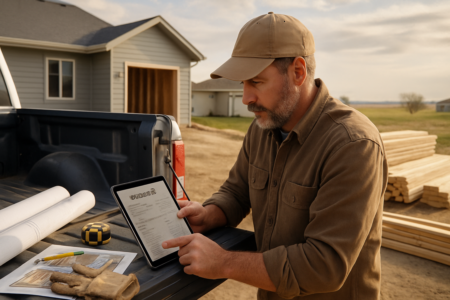 South Dakota contractor reviewing an estimate on a tablet beside blueprints and job photos
