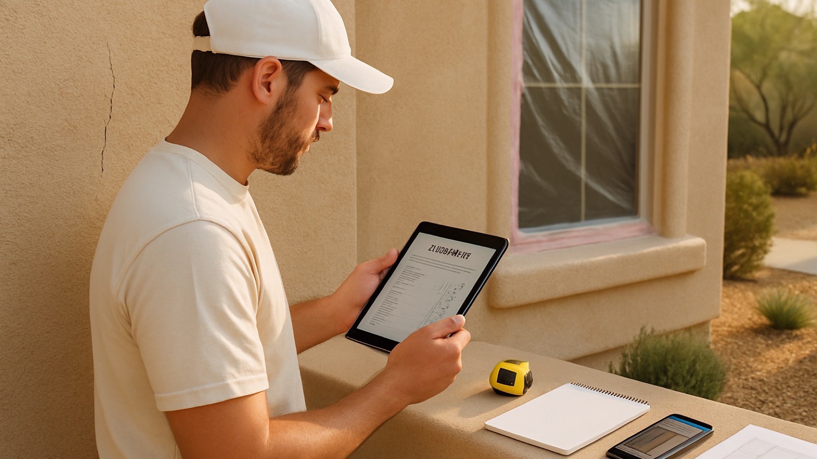 Arizona stucco contractor reviewing an estimate on a tablet beside a textured stucco wall, foam trim, masking materials, plans, and job photos in Phoenix