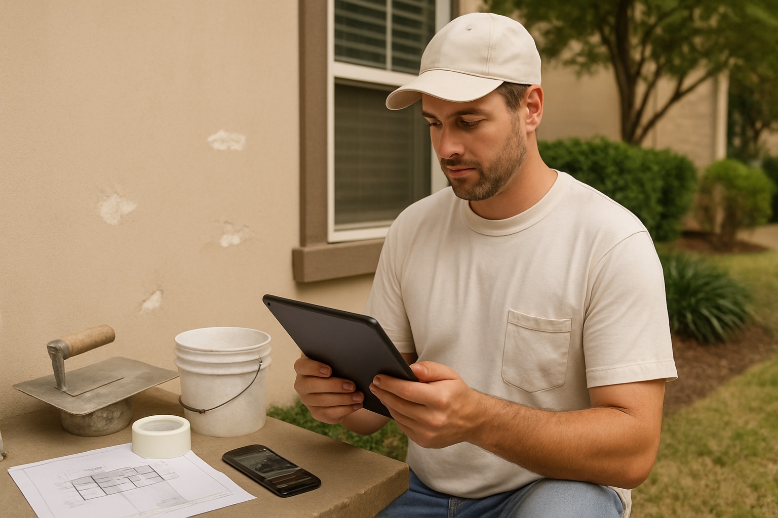 Texas stucco contractor reviewing an estimate on a tablet beside stucco repair tools at a Houston home