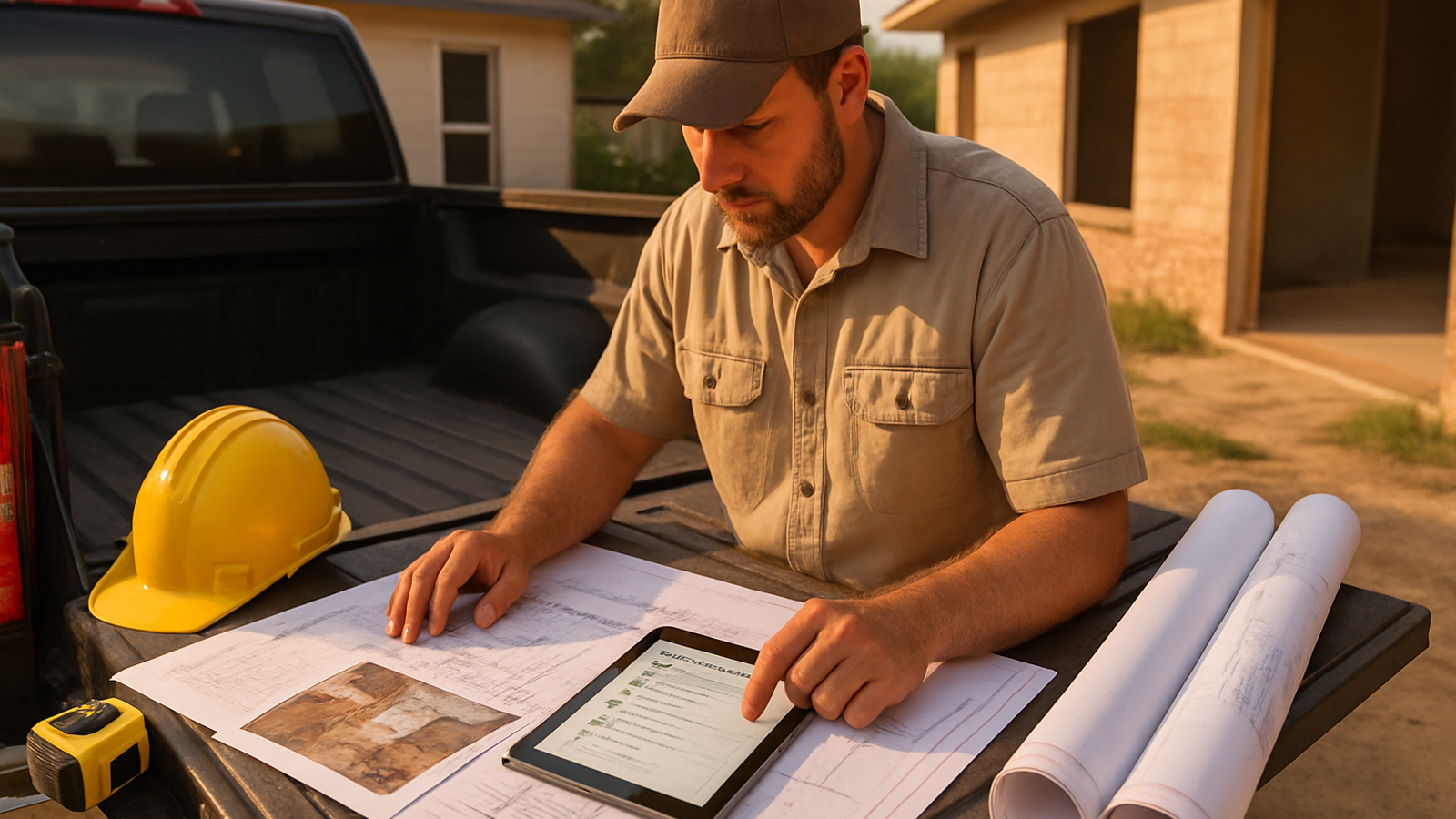 Texas contractor reviewing job photos, blueprints, and an estimate checklist on a tablet at a jobsite