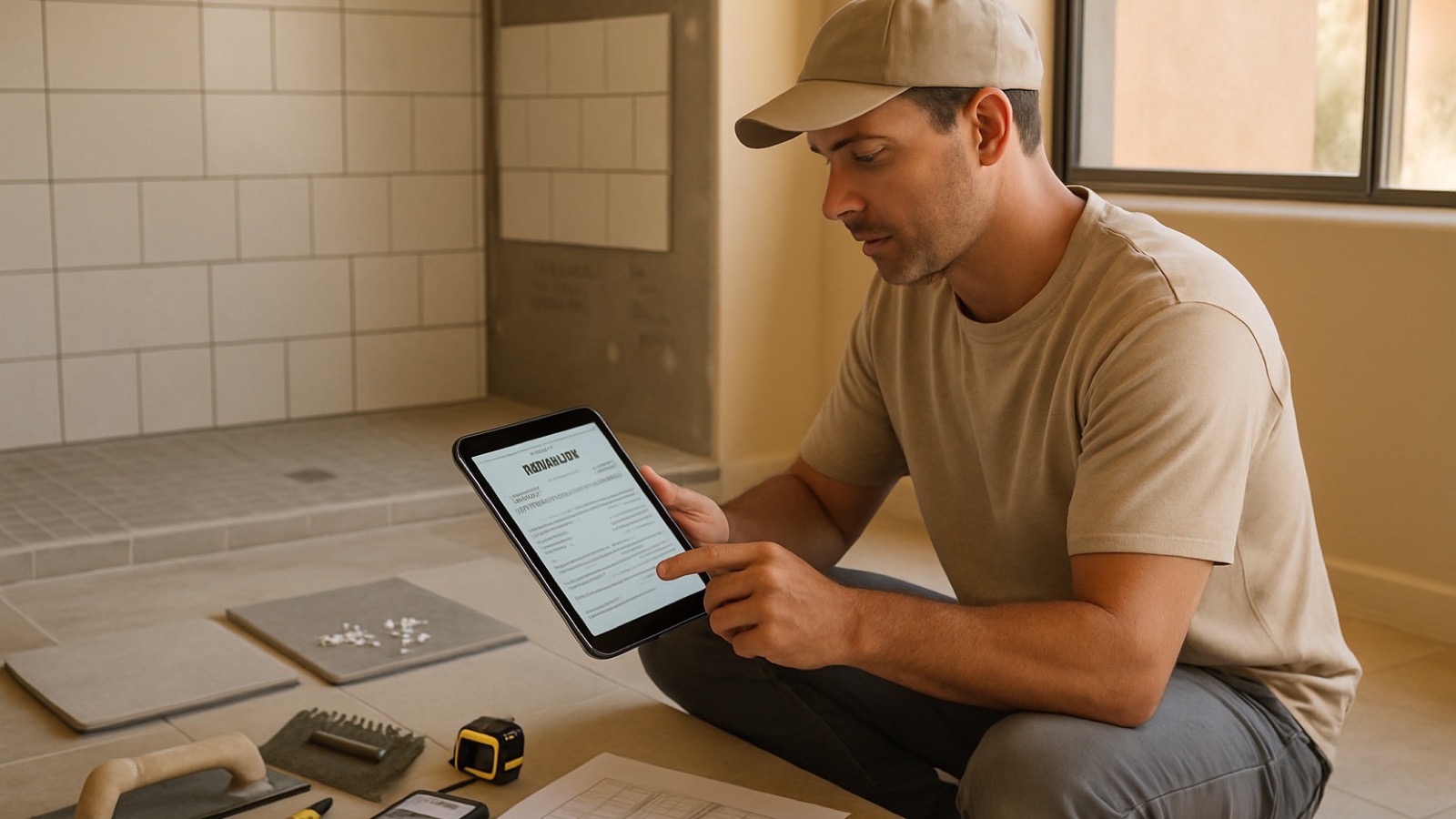 Arizona tile contractor reviewing an estimate on a tablet beside tile samples, plans, tools, and job photos in a Phoenix remodel