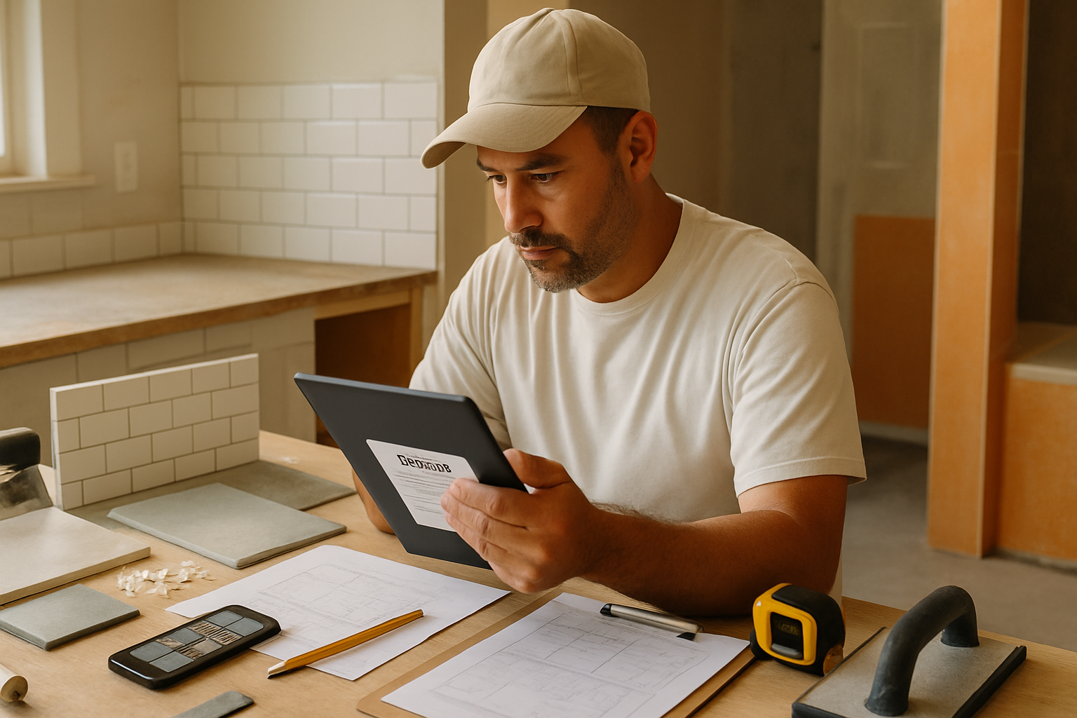 Georgia tile contractor reviewing an estimate on a tablet beside tile samples, plans, job photos, waterproofing materials, and tile tools