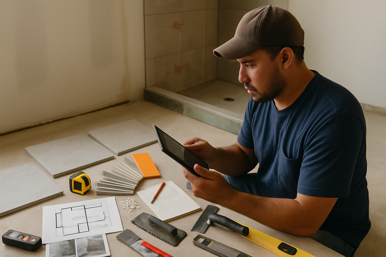 Houston tile contractor reviewing an estimate with tile samples, plans, and job photos