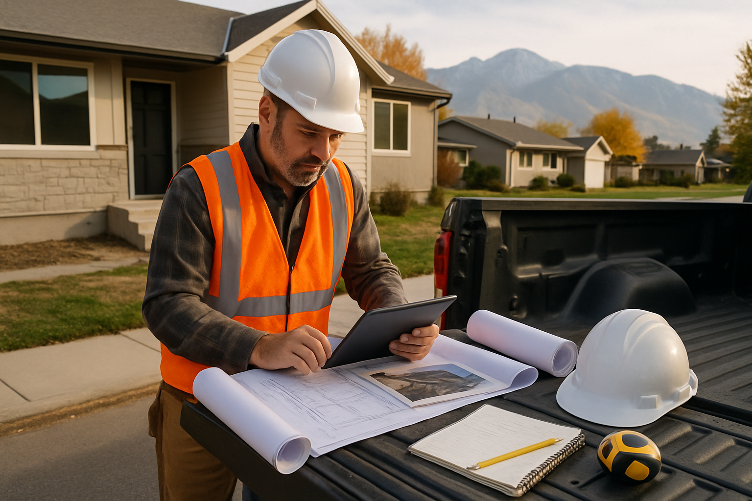 Utah contractor reviewing blueprints and job photos for an estimate near a Salt Lake City remodel site