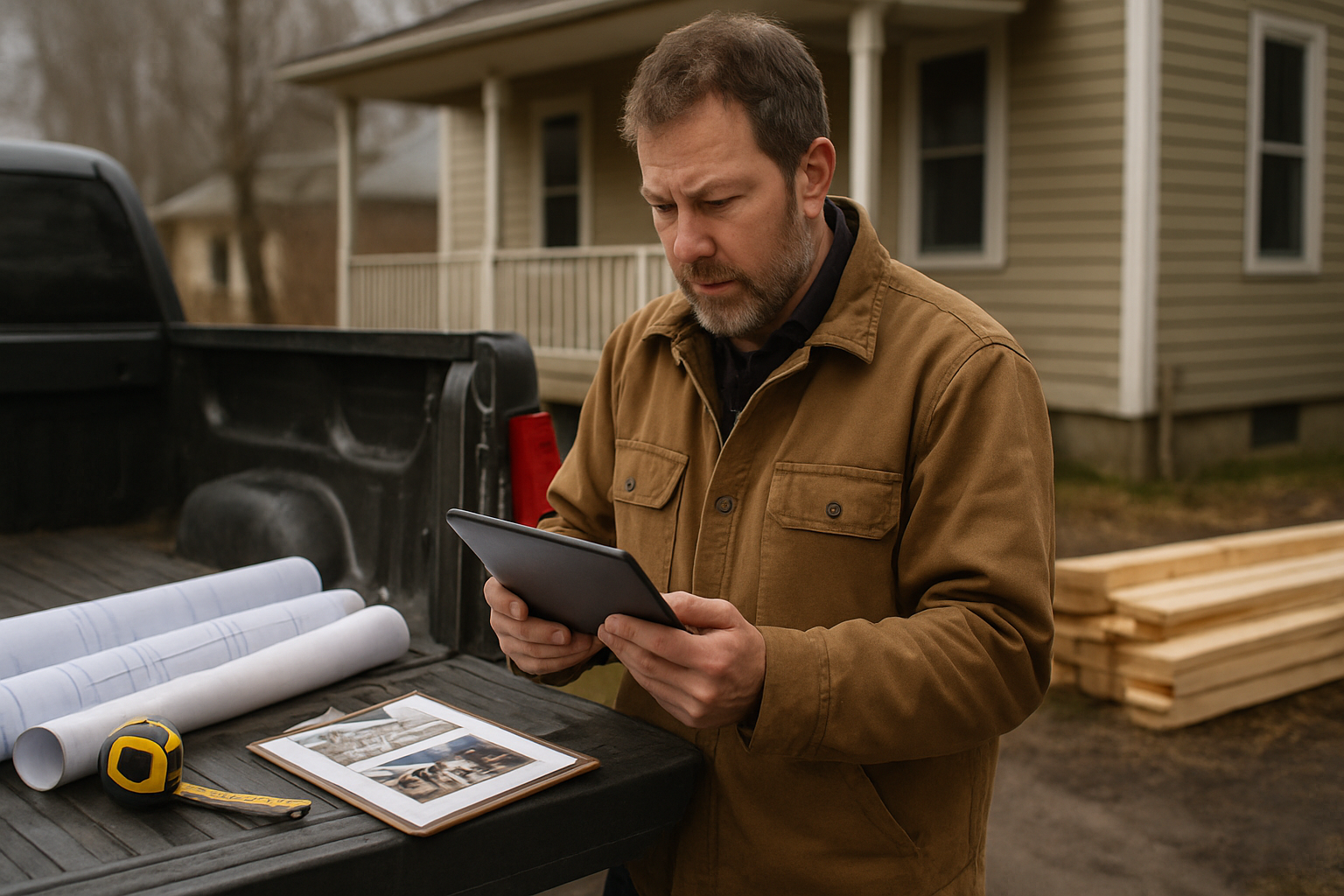 Vermont contractor reviewing an estimate on a tablet beside blueprints at a Burlington renovation jobsite
