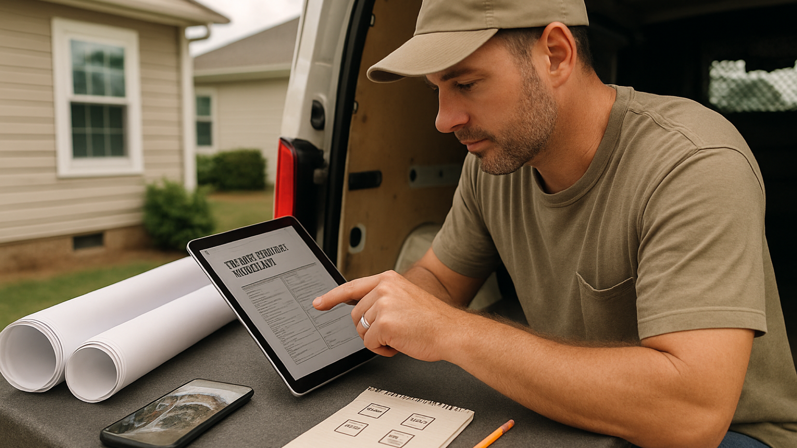 Virginia contractor reviewing an estimate on a tablet beside blueprints and job photos