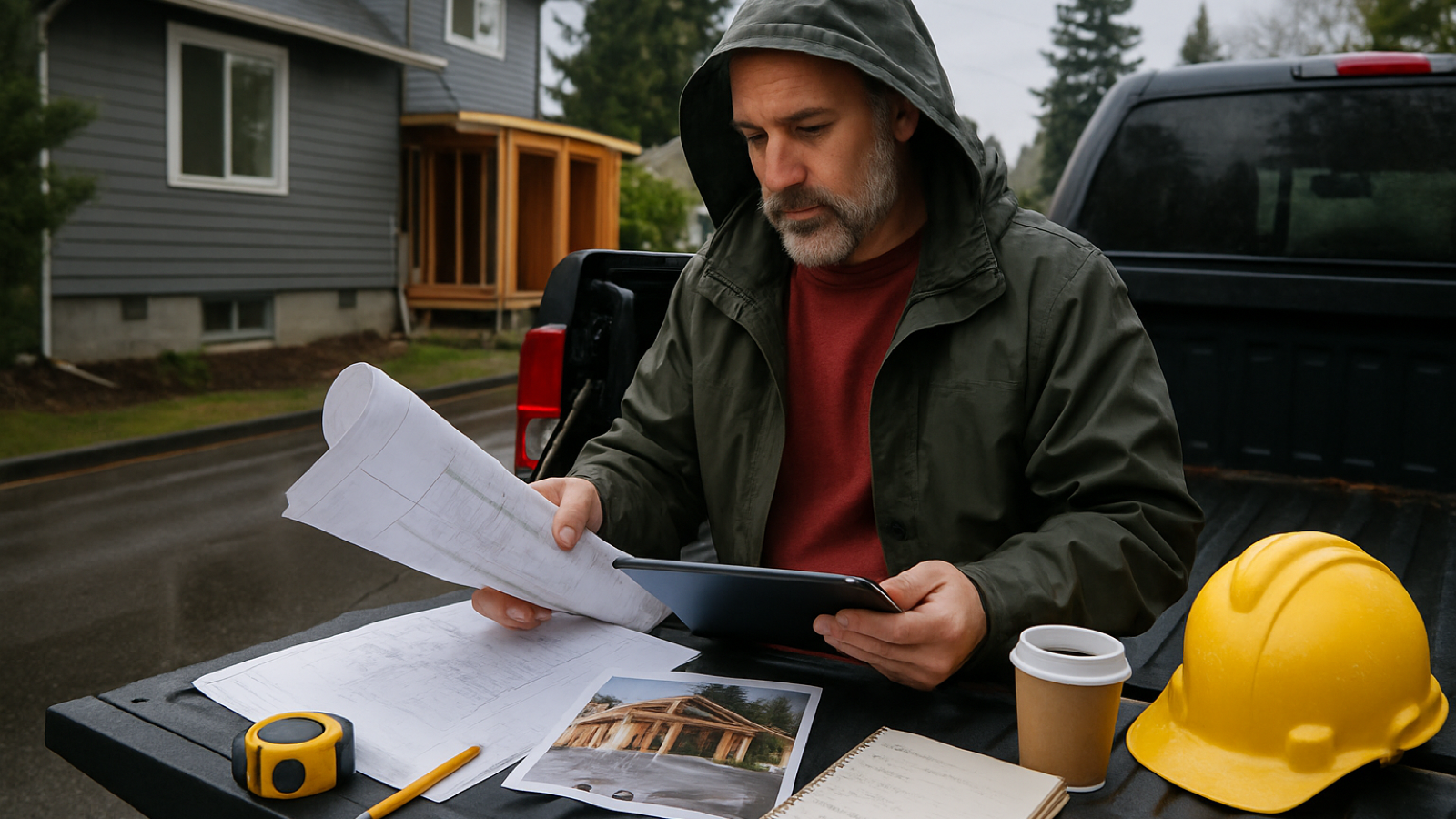 Washington contractor reviewing blueprints and job photos for an estimate at a Seattle remodel site