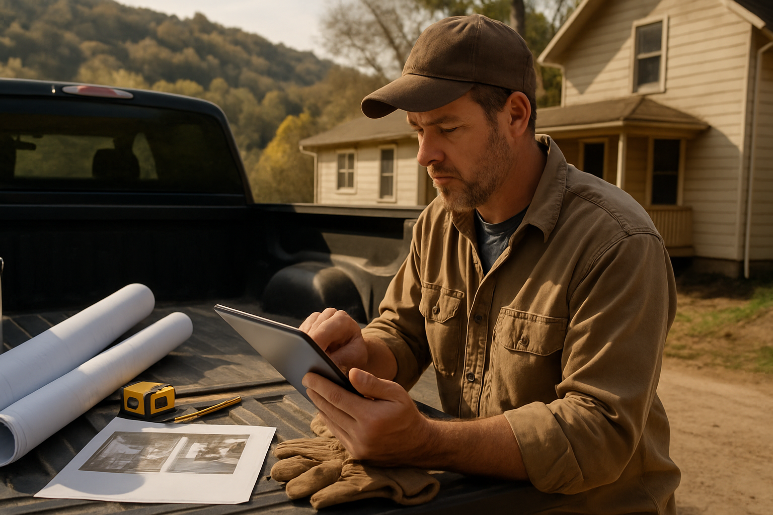 West Virginia contractor reviewing an estimate on a tablet beside blueprints and job photos