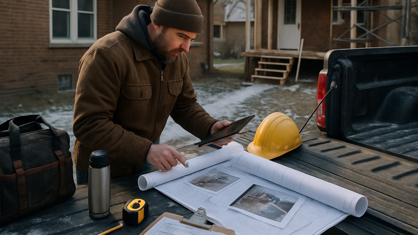 Wisconsin contractor reviewing blueprints and job photos for an estimate at a Milwaukee remodel site