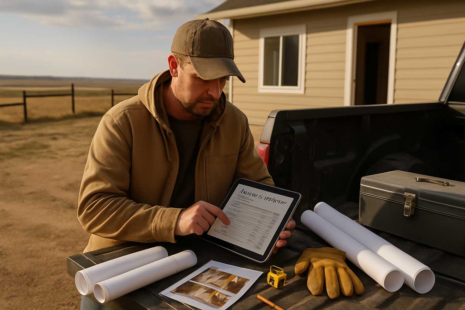 Wyoming contractor reviewing an estimate on a tablet beside blueprints and job photos